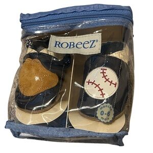 New Robeez Navy/Cream Moccasin Baseball Glove Baby Shoes Size 0-6 Months
